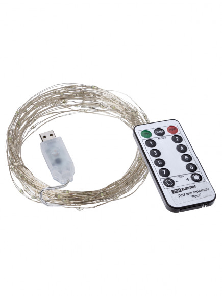 Гирлянда светодиодная "Роса 100-Д" 10 м, 100LED, белый, ПДУ, USB, IP20, TDM