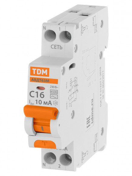 Автоматический Выключатель Дифференциального тока одномодульный АВДТ 63М 2P(1P+N) C16 10мА 4,5кА тип АС TDM Автоматический Выключатель Дифференциального тока одномодульный АВДТ 63М 2P(1P+N) C16 10мА 4,5кА тип АС TDM