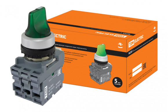 Переключатель на 3 положения с фиксацией M3SS1-21G короткая ручка(LED) d22мм/220B 1з+1р зеленый TDM