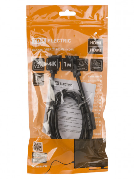 Кабель "АВК 2" HDMI - HDMI, v2.0, позолоченные контакты, с ферритами, 1 метр, TDM