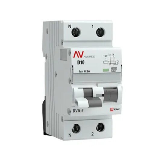 Дифференциальный автомат DVA-6 1P+N 10А (D) 300мА (A) 6кА EKF AVERES Дифференциальный автомат DVA-6 1P+N 10А (D) 300мА (A) 6кА EKF AVERES