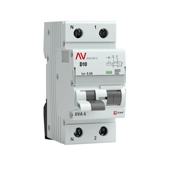 Дифференциальный автомат DVA-6 1P+N 10А (D) 300мА (A) 6кА EKF AVERES Дифференциальный автомат DVA-6 1P+N 10А (D) 300мА (A) 6кА EKF AVERES