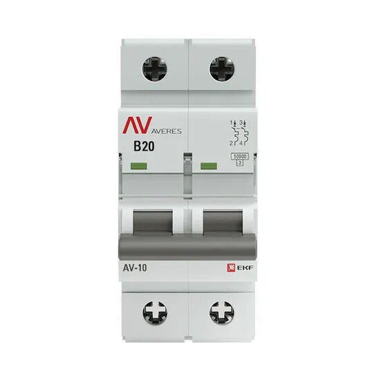 Выключатель автоматический AV-10 2P 20A (B) 10kA EKF AVERES Выключатель автоматический AV-10 2P 20A (B) 10kA EKF AVERES