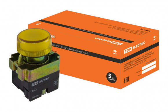 Лампа сигнальная SB2-BV65 с подсветкой 230 В LED, d22 мм, желтый, IP40 TDM Лампа сигнальная SB2-BV65 с подсветкой 230 В LED, d22 мм, желтый, IP40 TDM
