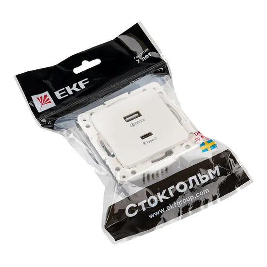 Стокгольм Механизм Розетки с 2USB type-A + type-C винтовые клеммы белый EKF PROxima Стокгольм Механизм Розетки с 2USB type-A + type-C винтовые клеммы белый EKF PROxima