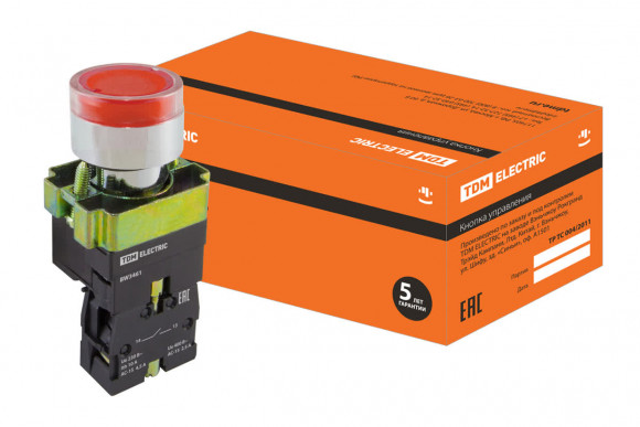 Кнопка SB2-BW3461 с возвратом, 1НО, d22 мм, с подсветкой 230 В LED, красная, IP40 TDM Кнопка SB2-BW3461 с возвратом, 1НО, d22 мм, с подсветкой 230 В LED, красная, IP40 TDM