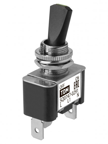 Выключатель-тумблер ASW-07D-2 1P 12В AC/DC 30А (3c) ON-OFF с фиксацией с зеленой LED подсветкой TDM