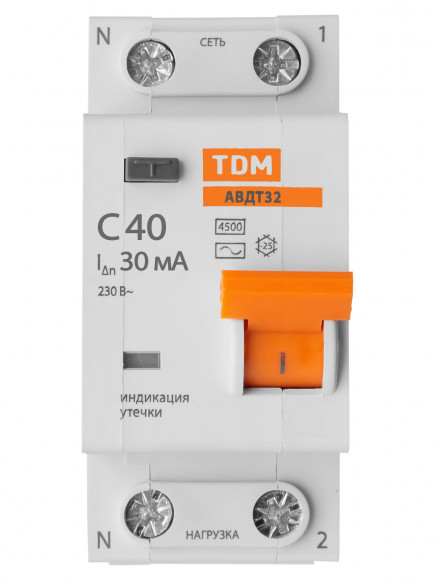 АВДТ 32 2P(1P+N) C40 30мА 4,5кА тип АС - Автоматический Выключатель Дифференциального тока TDM