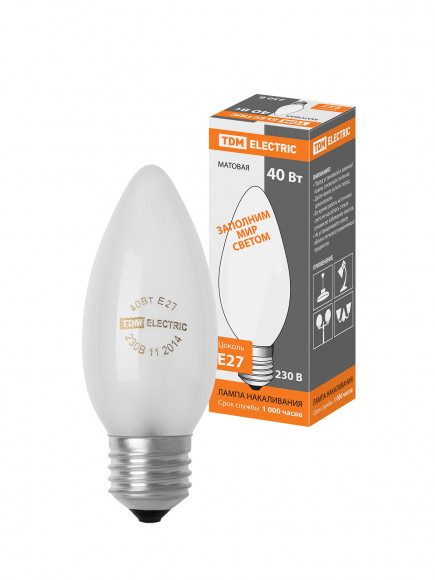 Лампа накаливания "Свеча матовая" 40 Вт-230 В-Е27 TDM