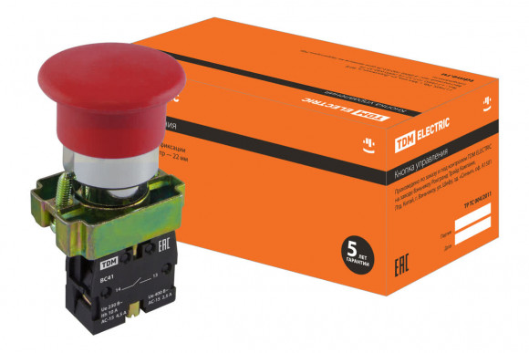 Кнопка грибовидная SB2-BС41 с возвратом, 1НО, d22 мм, красная, IP40 TDM