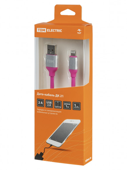 Дата-кабель, ДК 21, USB - Lightning, 1 м, силиконовая оплетка, розовый, TDM