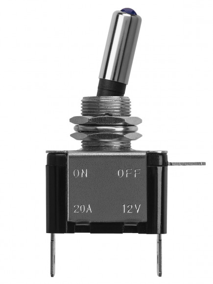 Выключатель-тумблер ASW-07D 1P 12В AC/DC 25А (3c) ON-OFF с фиксацией с синей LED подсветкой TDM