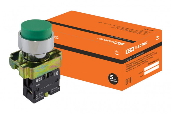 Кнопка SB2-BL31 с возвратом, 1НО, d22 мм, зеленая, IP40 TDM Кнопка SB2-BL31 с возвратом, 1НО, d22 мм, зеленая, IP40 TDM