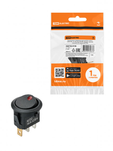 Выключатель клавишный круглый KCD2-101N-2 12В AC/DC, 1P, 16А, (3с), ON-OFF, черный с красной точечной LED подсветкой TDM