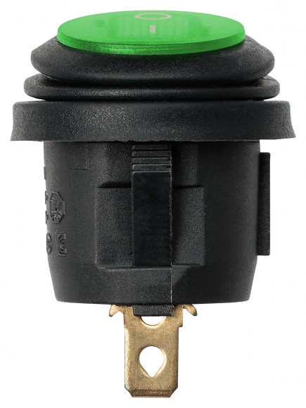 Выключатель клавишный круглый KCD2-101N/FS 250В AC/DC, 1P, 6А, (3с), ON-OFF, черный корпус, зеленая клавиша с LED подсветкой, IP54 TDM