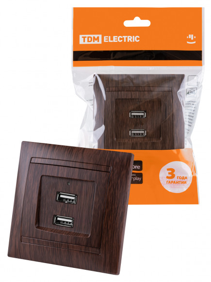 Розетка 2USB порт 2,1А 5В венге "Лама" TDM