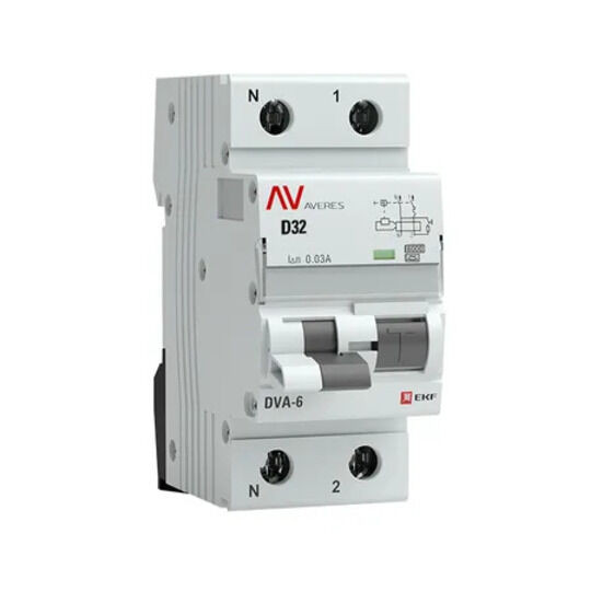 Дифференциальный автомат DVA-6 1P+N 32А (D) 30мА (A) 6кА EKF AVERES Дифференциальный автомат DVA-6 1P+N 32А (D) 30мА (A) 6кА EKF AVERES