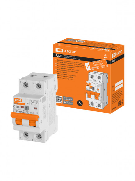 Дифференциальный автоматический выключатель АД2P 2Р С10 30мА 6кА тип АС TDM
