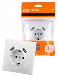 Розетка 2П+З 16А 250В + 2 USB порта 2,1А 5В белая "Лама" TDM Розетка 2П+З 16А 250В + 2 USB порта 2,1А 5В белая "Лама" TDM