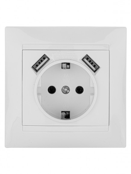 Розетка 2П+З 16А 250В + 2 USB порта 2,1А 5В белая "Лама" TDM