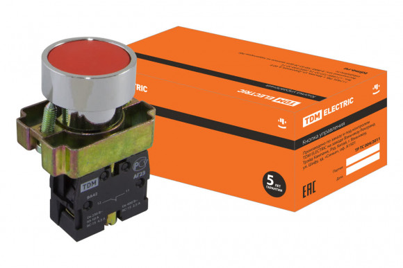 Кнопка SB2-BА42 с возвратом, 1НЗ, d22 мм, красная, IP40 TDM Кнопка SB2-BА42 с возвратом, 1НЗ, d22 мм, красная, IP40 TDM