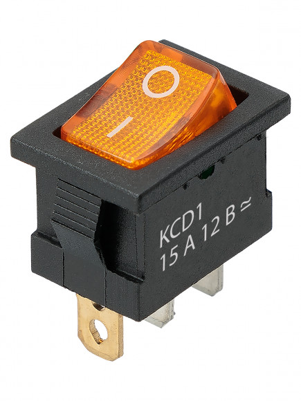 Выключатель клавишный KCD1-101N 12В AC/DC, 1P, 15А, (3с), ON-OFF, черный корпус, желтая клавиша с LED подсветкой, Mini TDM Выключатель клавишный KCD1-101N 12В AC/DC, 1P, 15А, (3с), ON-OFF, черный корпус, желтая клавиша с LED подсветкой, Mini TDM