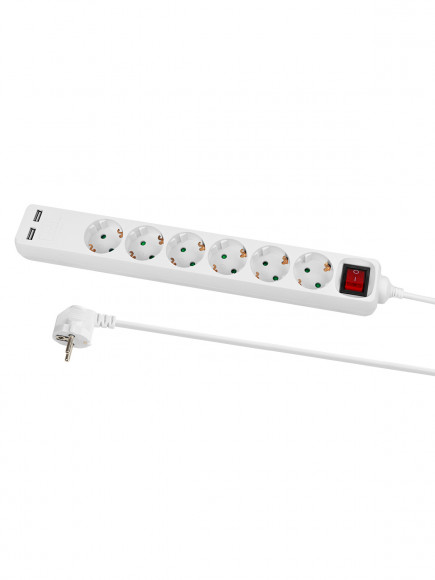 Удлинитель бытовой У06В-USB 6 гнезд, 2USB 2,4А, 3 м, вык., з/к, ПВС 3х0,75мм2 10А/250В белый TDM
