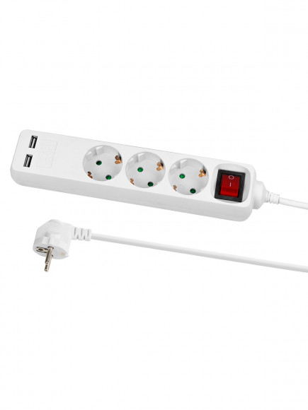 Удлинитель бытовой У03В-USB 3 гнезда, 2USB 2,4А, 1,5 м, вык., з/к, ПВС 3х0,75мм2 10А/250В белый TDM