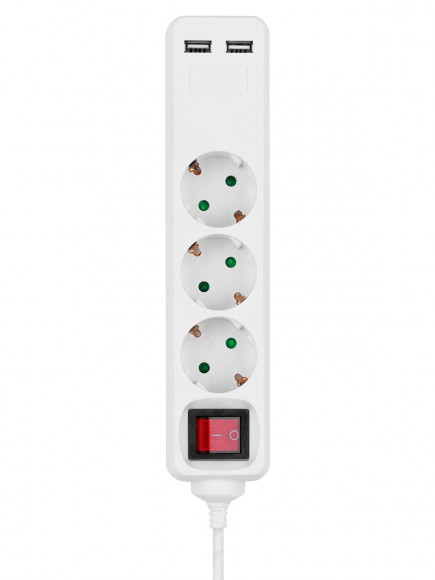 Удлинитель бытовой У03В-USB 3 гнезда, 2USB 2,4А, 1,5 м, вык., з/к, ПВС 3х0,75мм2 10А/250В белый TDM