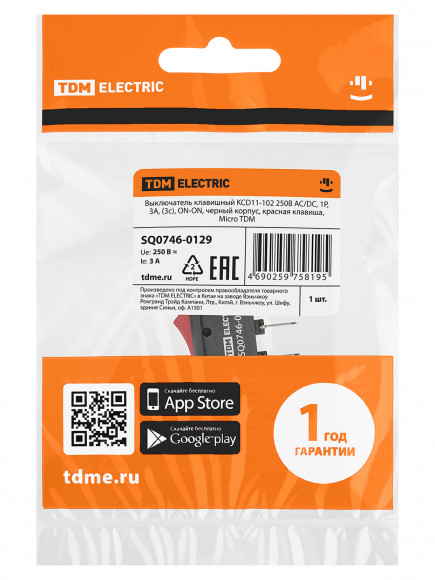 Выключатель клавишный KCD11-102 250В AC/DC, 1P, 3А, (3с), ON-ON, черный корпус, красная клавиша, Micro TDM Выключатель клавишный KCD11-102 250В AC/DC, 1P, 3А, (3с), ON-ON, черный корпус, красная клавиша, Micro TDM
