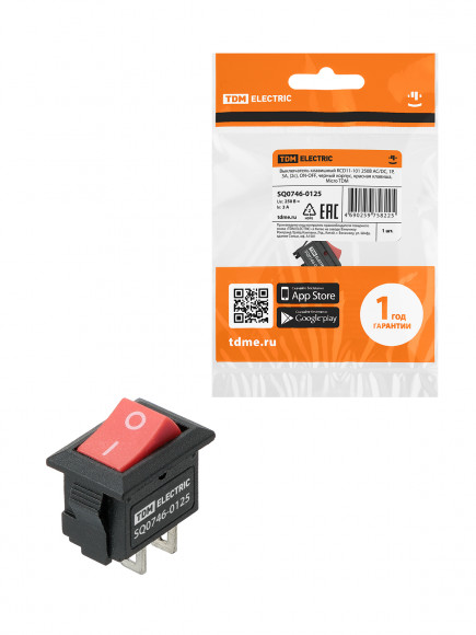 Выключатель клавишный KCD11-101 250В AC/DC, 1P, 3А, (2с), ON-OFF, черный корпус, красная клавиша, Micro TDM Выключатель клавишный KCD11-101 250В AC/DC, 1P, 3А, (2с), ON-OFF, черный корпус, красная клавиша, Micro TDM