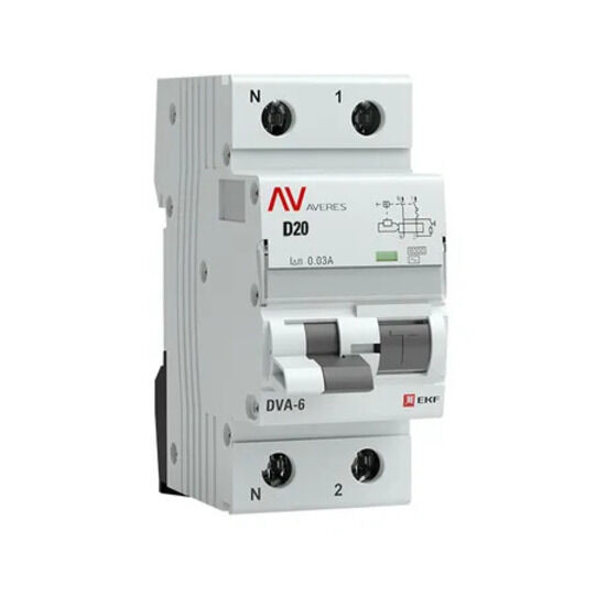 Дифференциальный автомат DVA-6 1P+N 20А (D) 30мА (AC) 6кА EKF AVERES Дифференциальный автомат DVA-6 1P+N 20А (D) 30мА (AC) 6кА EKF AVERES