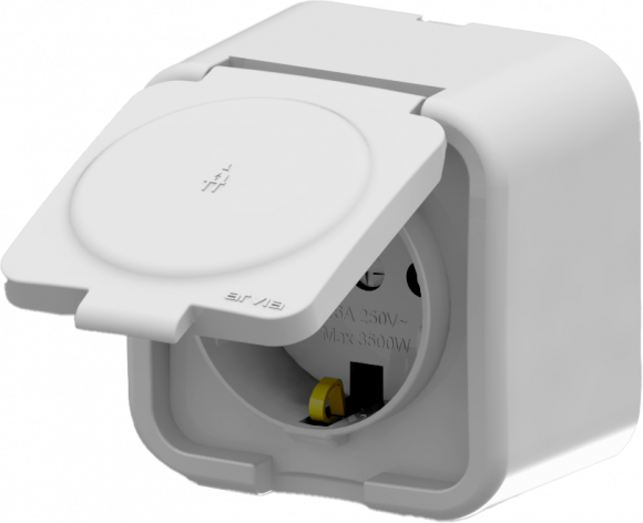 Розетка с заземлением с крышкой, наружная, Arvia, IP-20 Aria (белый)