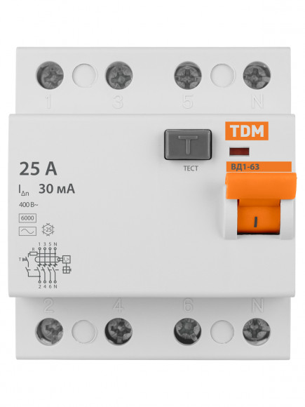 Устройство защитного отключения ВД1-63 4Р 25А 300мА TDM