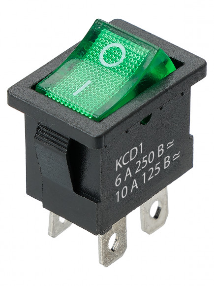 Выключатель клавишный KCD1-201N 250В AC/DC, 2P, 6А, (4с), ON-OFF, черный корпус, зеленая клавиша с LED подсветкой, Mini TDM
