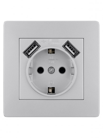 Розетка 2П+З 16А 250В + 2 USB порта 2,1А 5В серебр. металлик "Сенеж" TDM