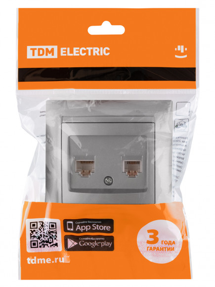 Розетка телефонная RJ11 + компьютерная RJ45 серебр. металлик "Лама" TDM