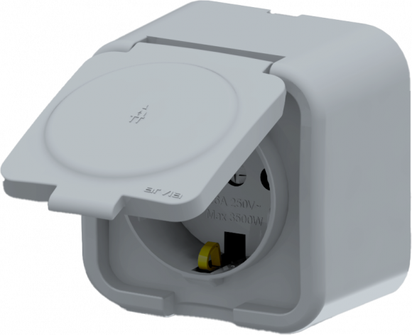 Розетка с заземлением с крышкой, наружная, Arvia, IP-20 Aria (серый)