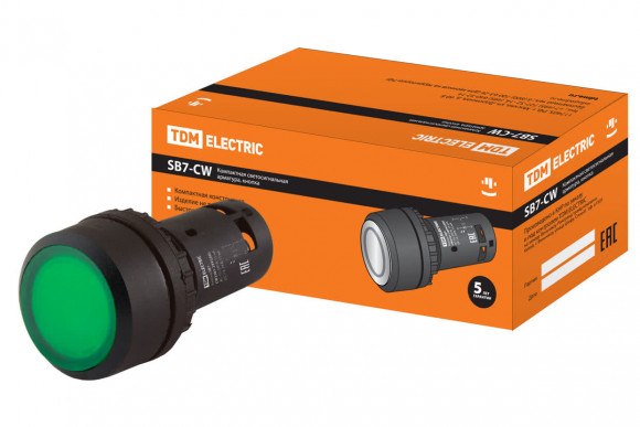 Кнопка SB7-CW3361 с возвратом, 1НО, d22 мм, с подсветкой 24 В LED, зеленая, IP54 TDM Кнопка SB7-CW3361 с возвратом, 1НО, d22 мм, с подсветкой 24 В LED, зеленая, IP54 TDM