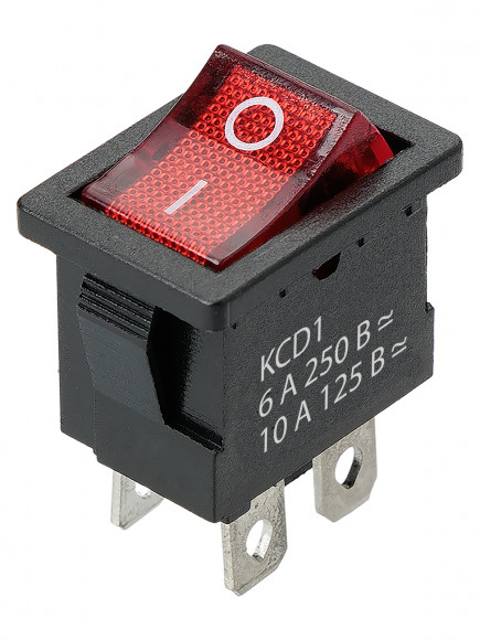 Выключатель клавишный KCD1-201N 250В AC/DC, 2P, 6А, (4с), ON-OFF, черный корпус, красная клавиша с LED подсветкой, Mini TDM