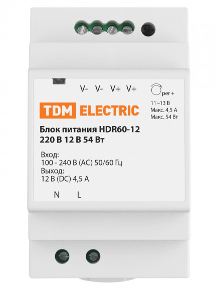 Блок питания HDR60-12, 220 В, 12 В, 54 Вт (на DIN-рейку) TDM