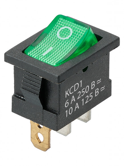 Выключатель клавишный KCD1-101N 250В AC/DC 1P 6А (3с) ON-OFF черный корпус, зеленая клавиша с LED подсветкой, Mini TDM
