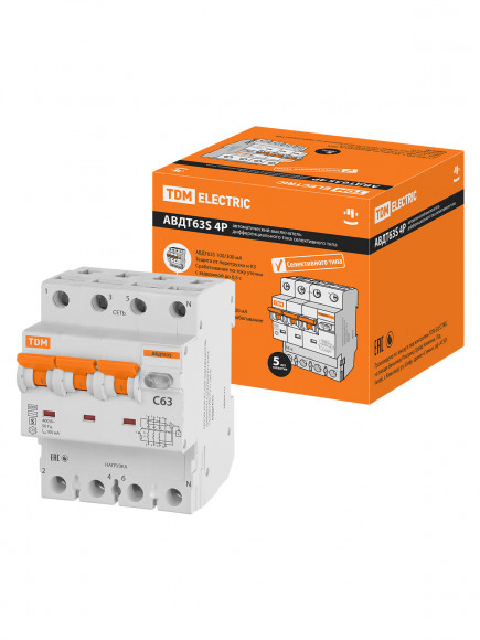 Автоматический Выключатель Дифференциального тока селективного типа АВДТ 63S 4P(3P+N) C63 100мА 6кА тип АС TDM