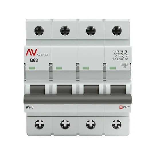 Выключатель автоматический AV-6 4P 63A (B) 6kA EKF AVERES Выключатель автоматический AV-6 4P 63A (B) 6kA EKF AVERES