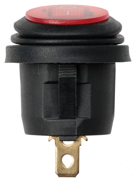 Выключатель клавишный круглый KCD2-101N/FS 250В AC/DC, 1P, 6А, (3с), ON-OFF, черный корпус, красная клавиша с LED подсветкой, IP54 TDM