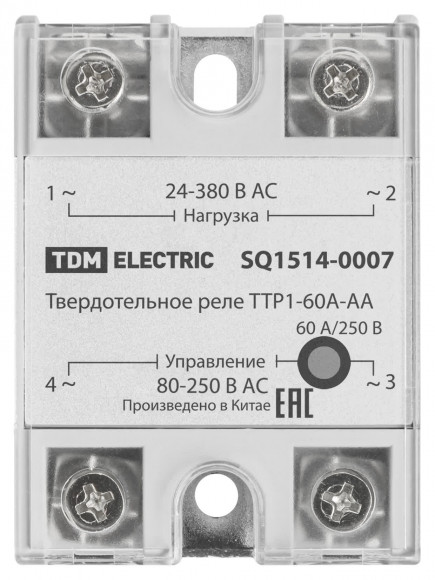 Твердотельное реле ТТР1-60А-AА, 1ф, 60А, упр: 80-250В AС, нагр: 24-380В АС TDM