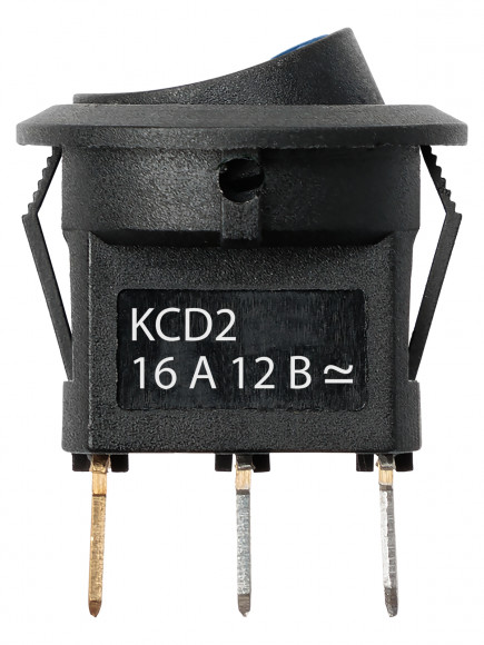 Выключатель клавишный круглый KCD2-101N-2 12В AC/DC, 1P, 16А, (3с), ON-OFF, черный с синей точечной LED подсветкой TDM