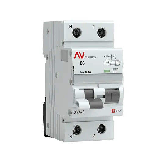 Дифференциальный автомат DVA-6 1P+N 6А (C) 300мА (AC) 6кА EKF AVERES Дифференциальный автомат DVA-6 1P+N 6А (C) 300мА (AC) 6кА EKF AVERES