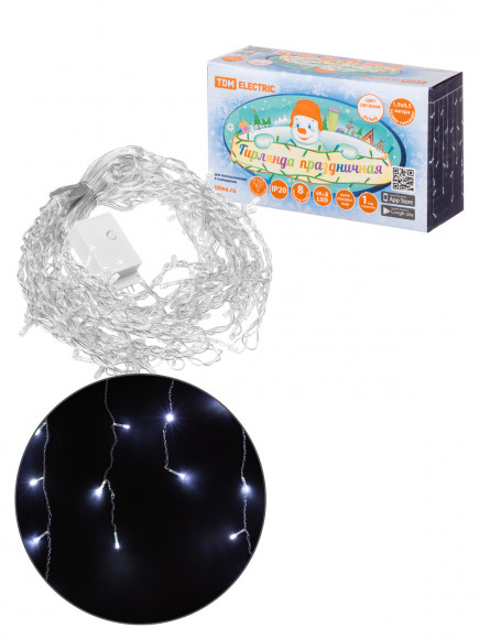 Гирлянда светодиодная "Бахрома" 1,9х0,5 м, 68LED, белый, 8 режимов, 250 В, IP20, TDM