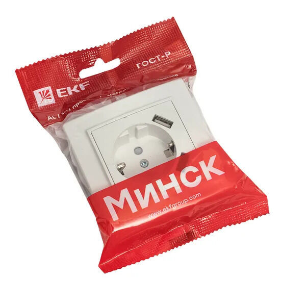 Минск Розетка 1-местная СП с/з 16А белая с защ. штор. с 2 USB 2,1А EKF Минск Розетка 1-местная СП с/з 16А белая с защ. штор. с 2 USB 2,1А EKF